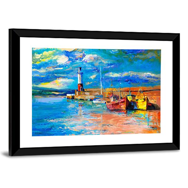 Lighthouse & Boats Abstract Canvas Wall Art-3 Horizontal-Gallery Wrap-25" x 16"-Tiaracle
