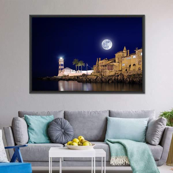 Lighthouse & House At Night Canvas Wall Art-3 Horizontal-Gallery Wrap-25" x 16"-Tiaracle