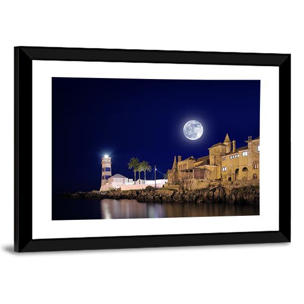 Lighthouse & House At Night Canvas Wall Art-3 Horizontal-Gallery Wrap-25" x 16"-Tiaracle