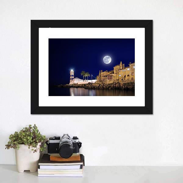 Lighthouse & House At Night Canvas Wall Art-1 Piece-Framed Print-20" x 16"-Tiaracle