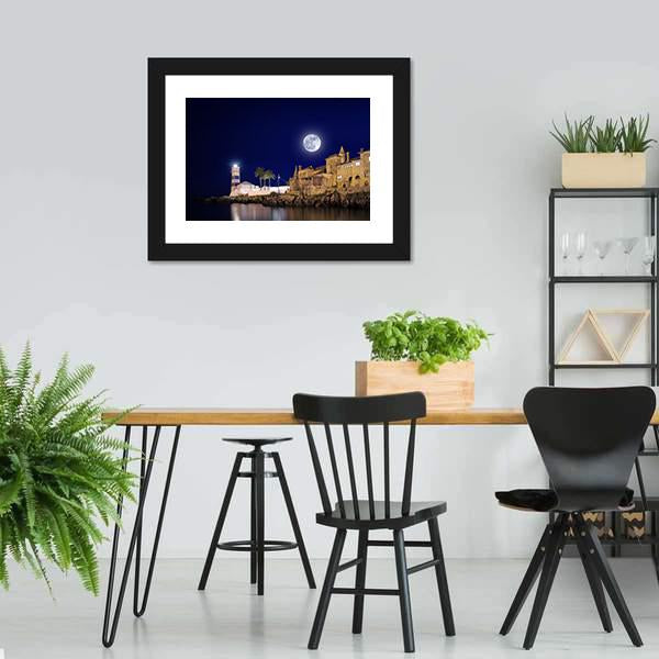 Lighthouse & House At Night Canvas Wall Art-3 Horizontal-Gallery Wrap-25" x 16"-Tiaracle