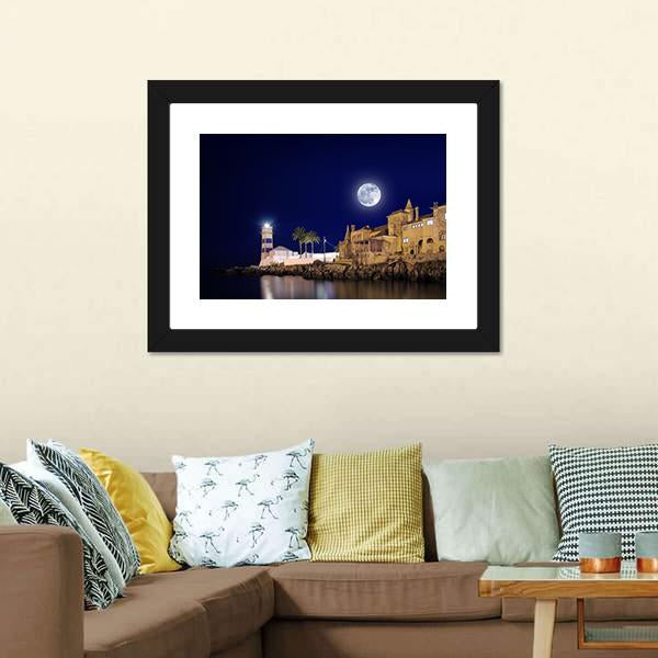 Lighthouse & House At Night Canvas Wall Art-3 Horizontal-Gallery Wrap-25" x 16"-Tiaracle