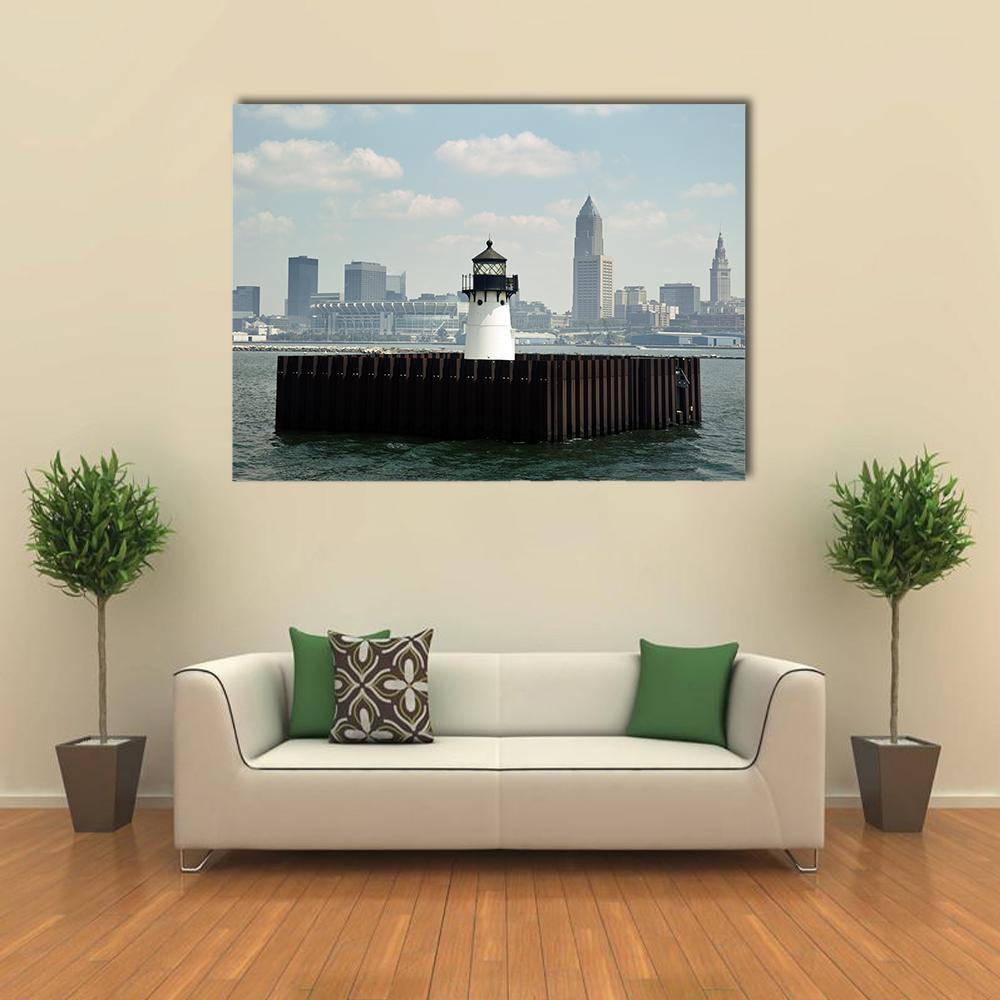Lighthouse on Lake Canvas Wall Art in white, gray and blue, single panel hung on a wall