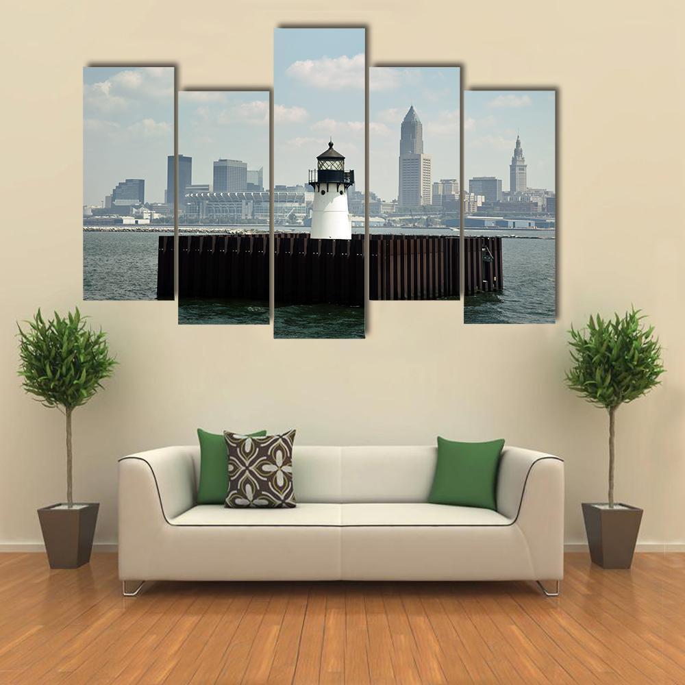 Lighthouse In Lake Canvas Wall Art-5 Pop-Gallery Wrap-47" x 32"-Tiaracle