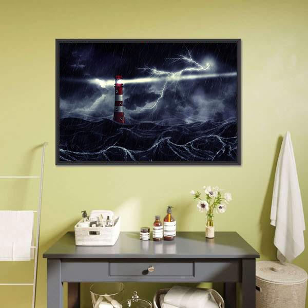 Lighthouse In Stormy Sea Canvas Wall Art-1 Piece-Floating Frame-24&quot; x 16&quot;-Tiaracle
