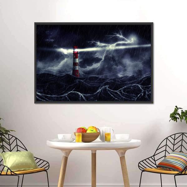 Lighthouse In Stormy Sea Canvas Wall Art-3 Horizontal-Gallery Wrap-25&quot; x 16&quot;-Tiaracle