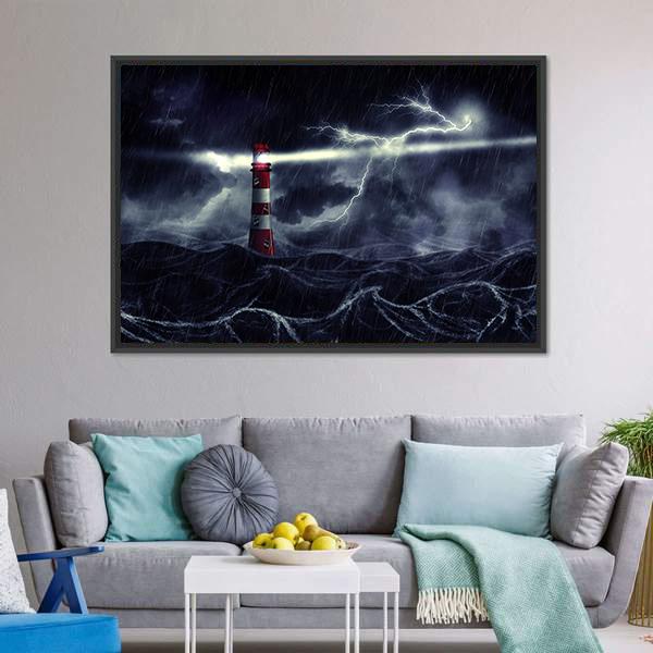 Lighthouse In Stormy Sea Canvas Wall Art-3 Horizontal-Gallery Wrap-25&quot; x 16&quot;-Tiaracle