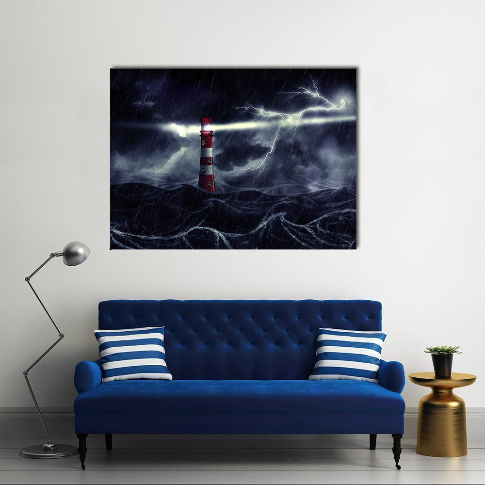 Lighthouse In Stormy Sea Canvas Wall Art-1 Piece-Gallery Wrap-48&quot; x 32&quot;-Tiaracle