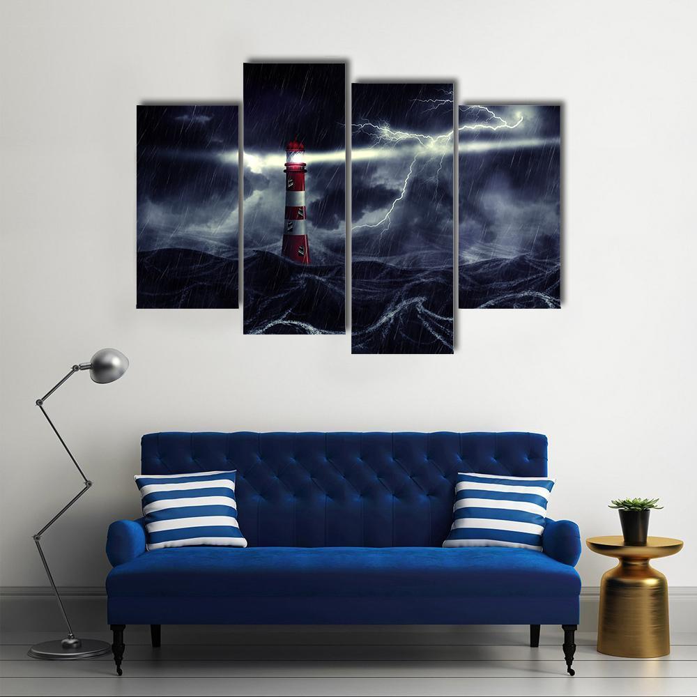Lighthouse In Stormy Sea Canvas Wall Art-4 Pop-Gallery Wrap-50" x 32"-Tiaracle