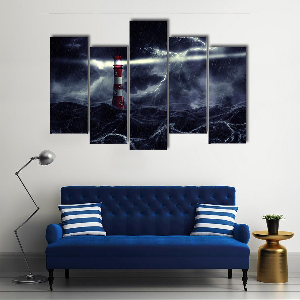 Lighthouse In Stormy Sea Canvas Wall Art-5 Pop-Gallery Wrap-47&quot; x 32&quot;-Tiaracle