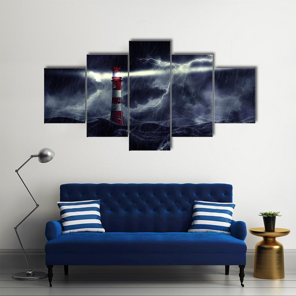 Lighthouse In Stormy Sea Canvas Wall Art-5 Star-Gallery Wrap-62&quot; x 32&quot;-Tiaracle