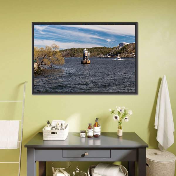 Lighthouse On Lake Malaren Canvas Wall Art-1 Piece-Floating Frame-24" x 16"-Tiaracle