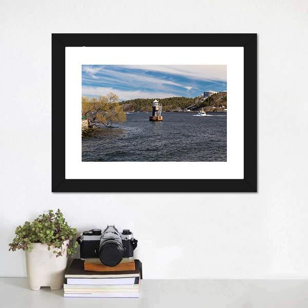 Lighthouse On Lake Malaren Canvas Wall Art-1 Piece-Framed Print-20" x 16"-Tiaracle