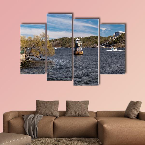 Lighthouse On Lake Malaren Canvas Wall Art-4 Pop-Gallery Wrap-50" x 32"-Tiaracle