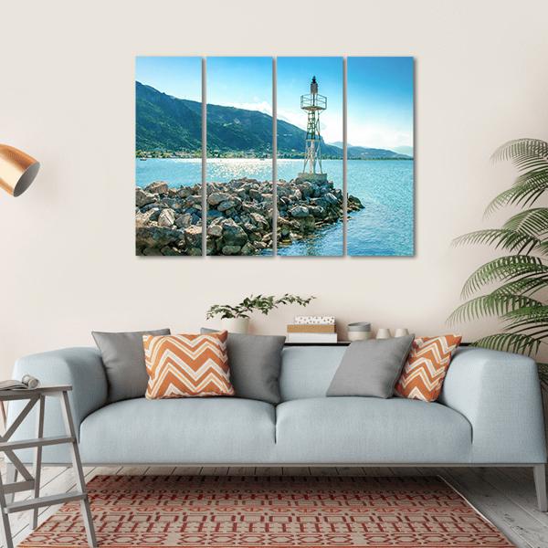 Lighthouse On Rocks Greece Canvas Wall Art-4 Horizontal-Gallery Wrap-34" x 24"-Tiaracle