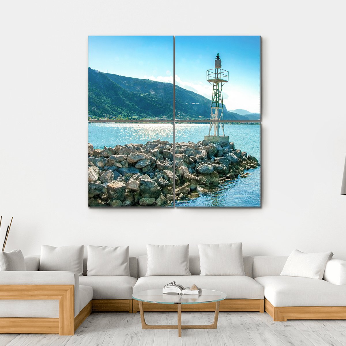 Lighthouse On Rocks Greece Canvas Wall Art-4 Square-Gallery Wrap-17" x 17"-Tiaracle
