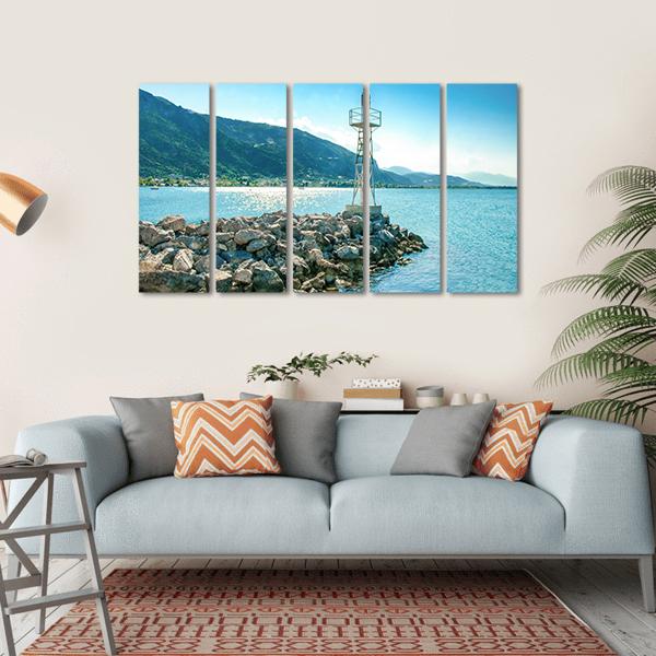 Lighthouse On Rocks Greece Canvas Wall Art-5 Horizontal-Gallery Wrap-22" x 12"-Tiaracle