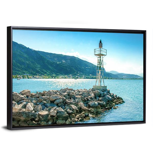 Lighthouse On Rocks Greece Canvas Wall Art-3 Horizontal-Gallery Wrap-25" x 16"-Tiaracle