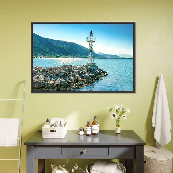 Lighthouse On Rocks Greece Canvas Wall Art-1 Piece-Floating Frame-24" x 16"-Tiaracle