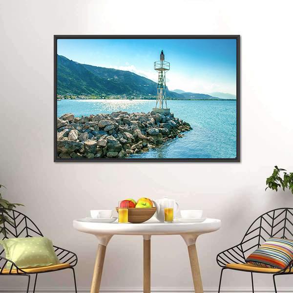 Lighthouse On Rocks Greece Canvas Wall Art-3 Horizontal-Gallery Wrap-25" x 16"-Tiaracle