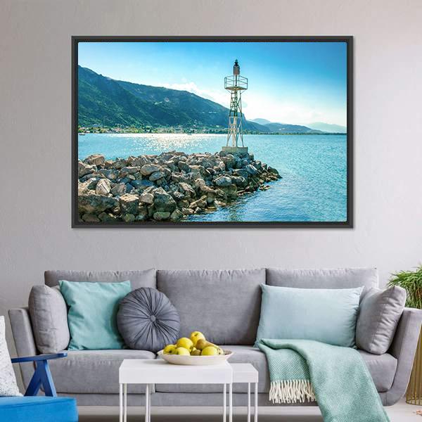 Lighthouse On Rocks Greece Canvas Wall Art-3 Horizontal-Gallery Wrap-25" x 16"-Tiaracle