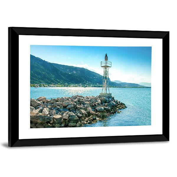 Lighthouse On Rocks Greece Canvas Wall Art-3 Horizontal-Gallery Wrap-25" x 16"-Tiaracle