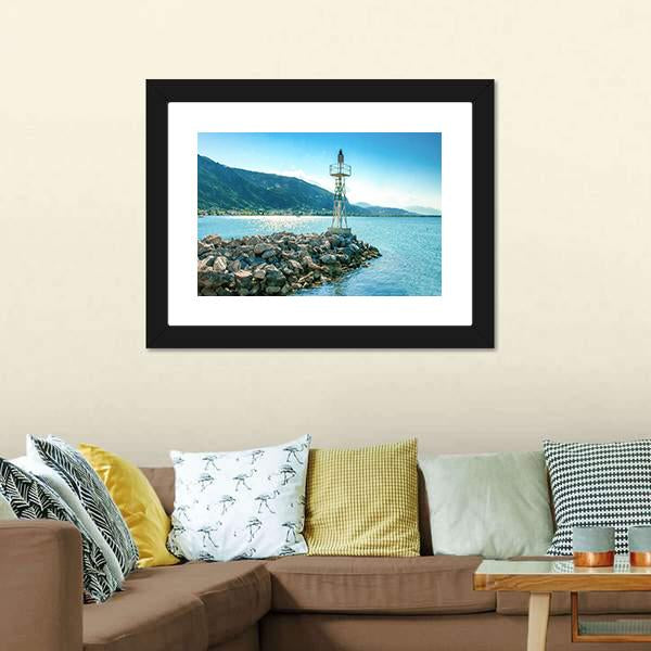Lighthouse On Rocks Greece Canvas Wall Art-3 Horizontal-Gallery Wrap-25" x 16"-Tiaracle