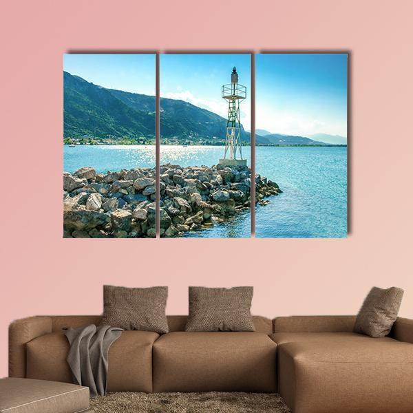 Lighthouse On Rocks Greece Canvas Wall Art-3 Horizontal-Gallery Wrap-37" x 24"-Tiaracle