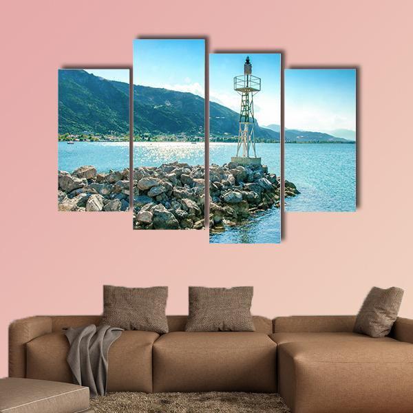 Lighthouse On Rocks Greece Canvas Wall Art-4 Pop-Gallery Wrap-50" x 32"-Tiaracle