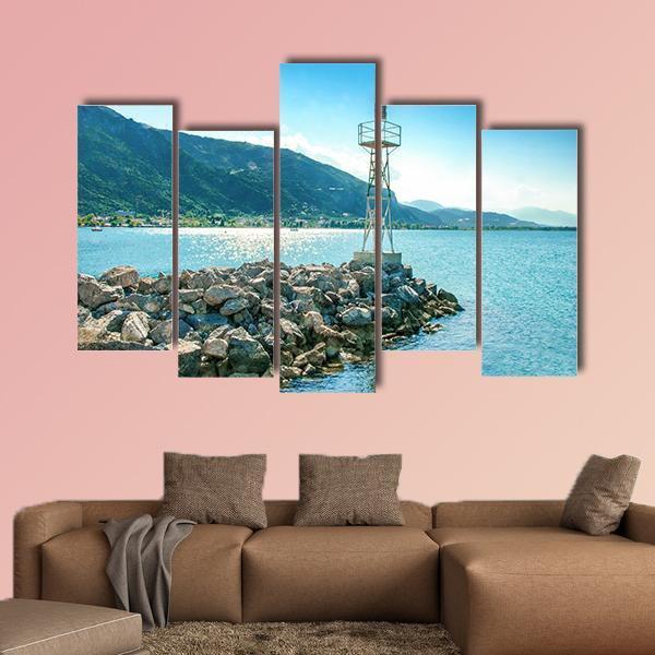 Lighthouse On Rocks Greece Canvas Wall Art-5 Pop-Gallery Wrap-47" x 32"-Tiaracle