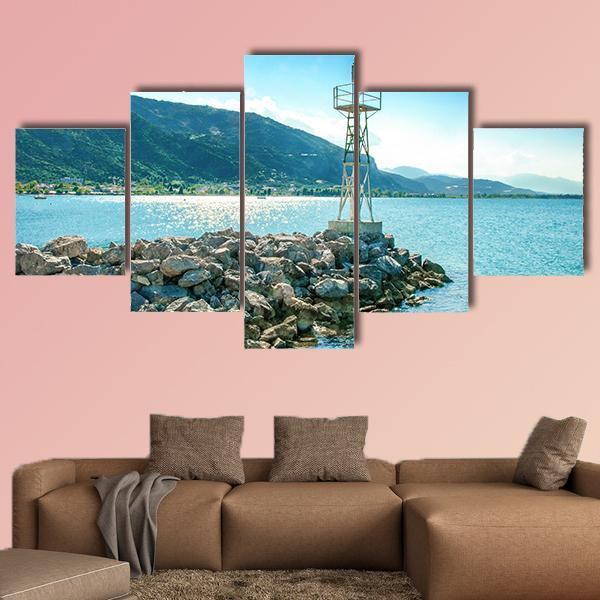 Lighthouse On Rocks Greece Canvas Wall Art-3 Horizontal-Gallery Wrap-37" x 24"-Tiaracle