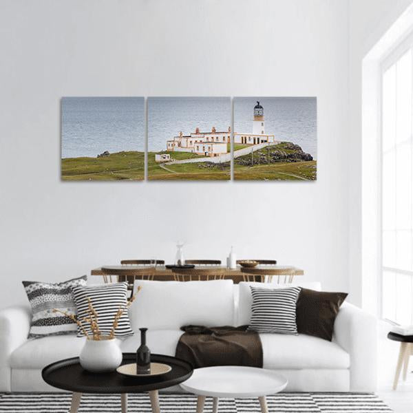Neist Point Lighthouse, Scotland Panoramic Canvas Wall Art in gray, green and blue, hung on a wall
