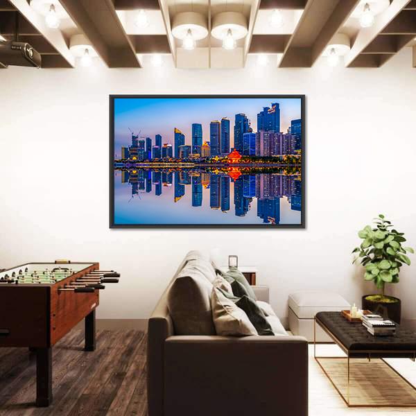 Lighting Show In Qingdao Canvas Wall Art-3 Horizontal-Gallery Wrap-25" x 16"-Tiaracle