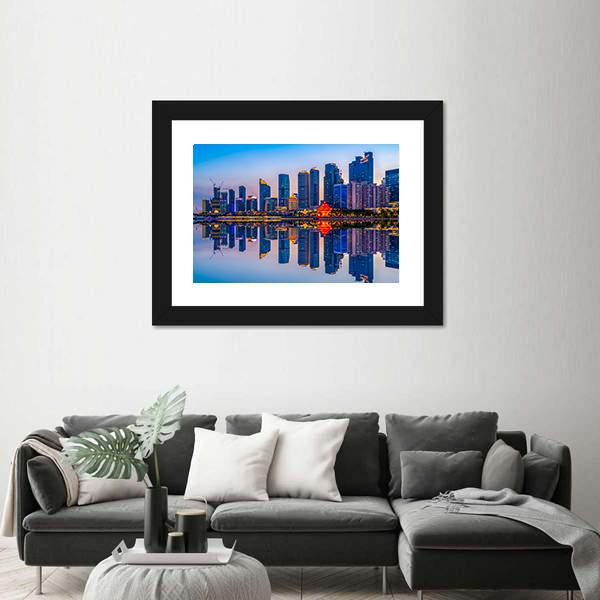 Lighting Show In Qingdao Canvas Wall Art-3 Horizontal-Gallery Wrap-25" x 16"-Tiaracle