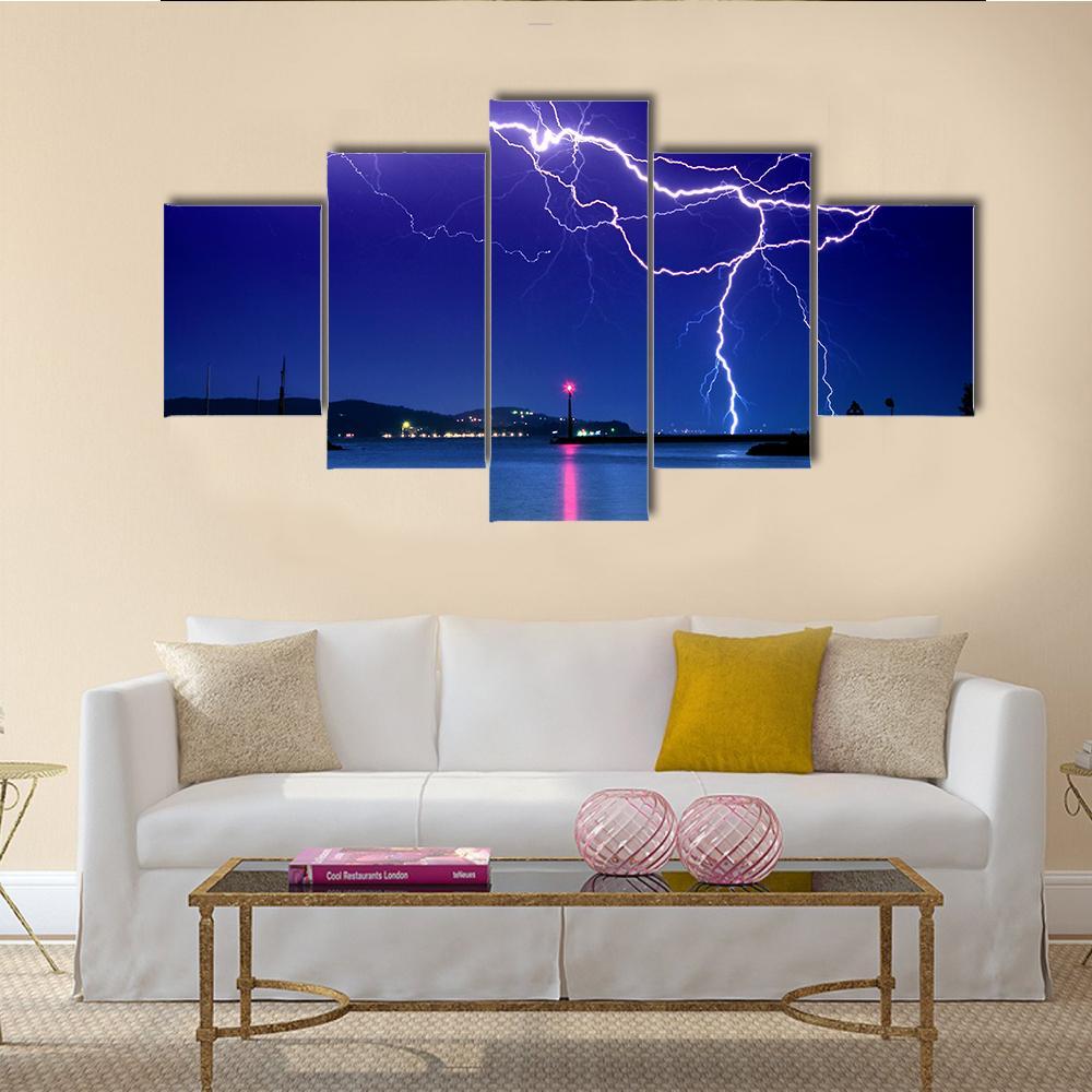 Lightning Above Lake Canvas Wall Art-3 Horizontal-Gallery Wrap-37" x 24"-Tiaracle