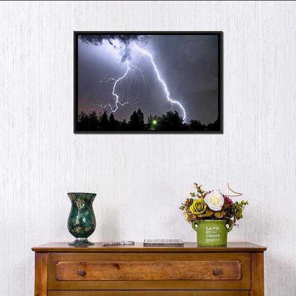 Lightning in Summer Storm Canvas Wall Art in black, gray and purple, framed canvas, product view on a white background