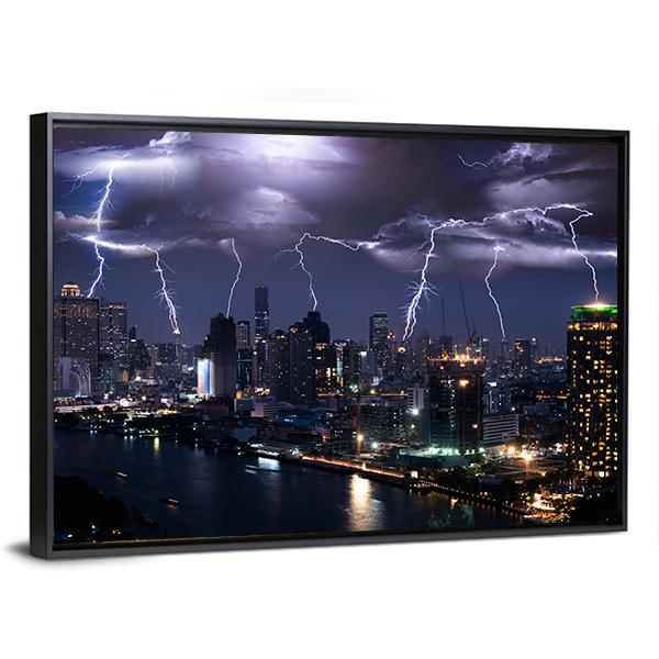 Lightning Over City Canvas Wall Art-3 Horizontal-Gallery Wrap-25" x 16"-Tiaracle