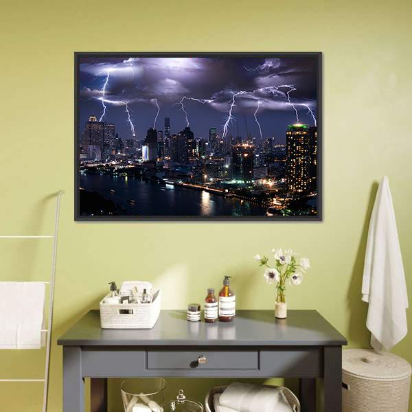 Lightning Over City Skyline Canvas Wall Art in black, blue and purple, framed canvas, product view on a white background
