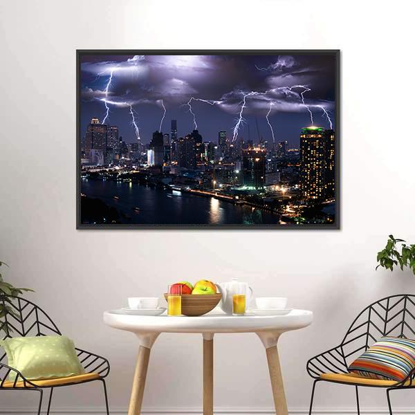 Lightning Over City Canvas Wall Art-3 Horizontal-Gallery Wrap-25" x 16"-Tiaracle