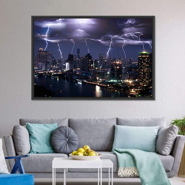Lightning Over City Canvas Wall Art-3 Horizontal-Gallery Wrap-25" x 16"-Tiaracle