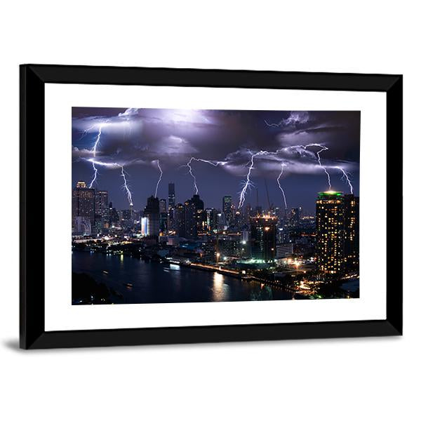 Lightning Over City Canvas Wall Art-3 Horizontal-Gallery Wrap-25" x 16"-Tiaracle