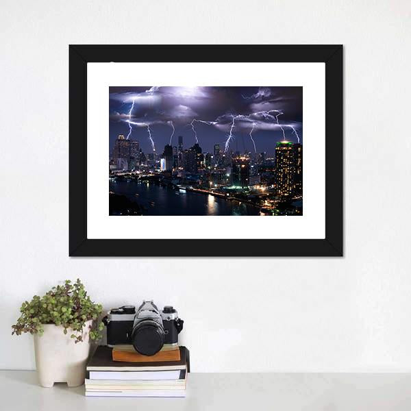 Lightning Over City Canvas Wall Art-1 Piece-Framed Print-20" x 16"-Tiaracle
