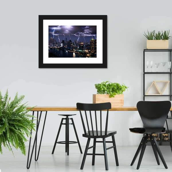Lightning Over City Canvas Wall Art-3 Horizontal-Gallery Wrap-25" x 16"-Tiaracle