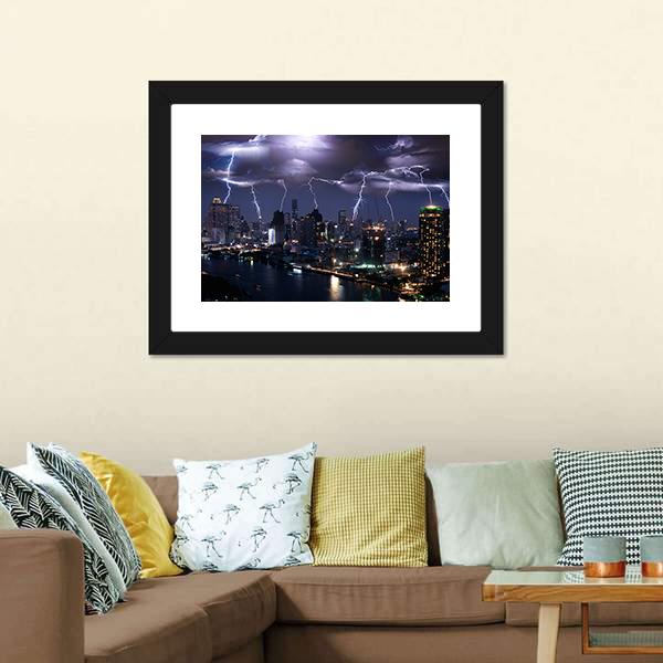 Lightning Over City Canvas Wall Art-3 Horizontal-Gallery Wrap-25" x 16"-Tiaracle