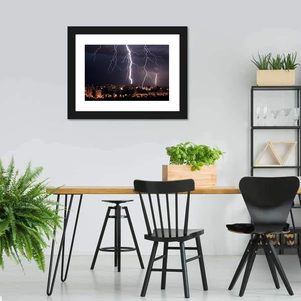 Lightning Storm Over City Canvas Wall Art-3 Horizontal-Gallery Wrap-25" x 16"-Tiaracle