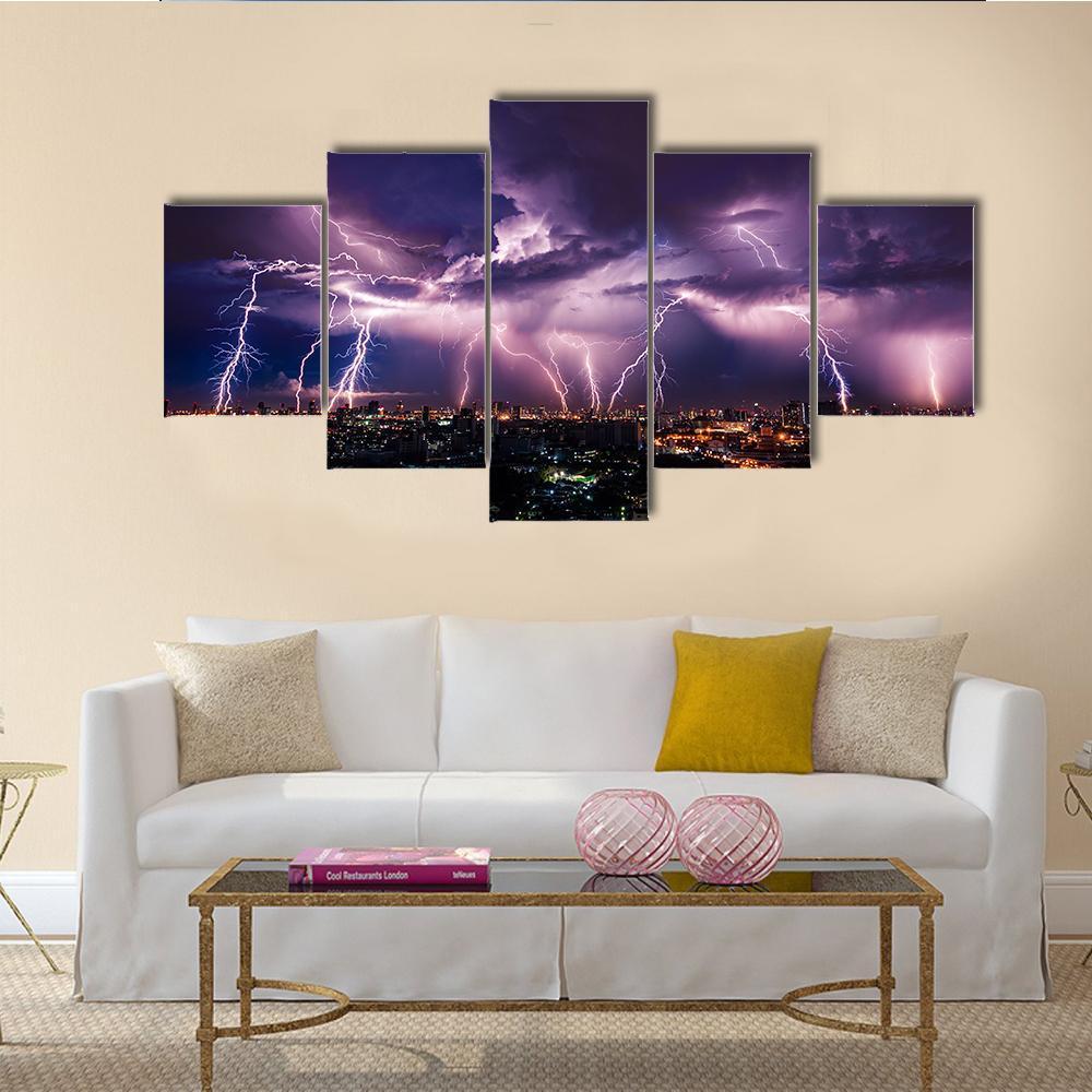 Purple Lightning Over City Canvas Wall Art-1 Piece-Gallery Wrap-48" x 32"-Tiaracle