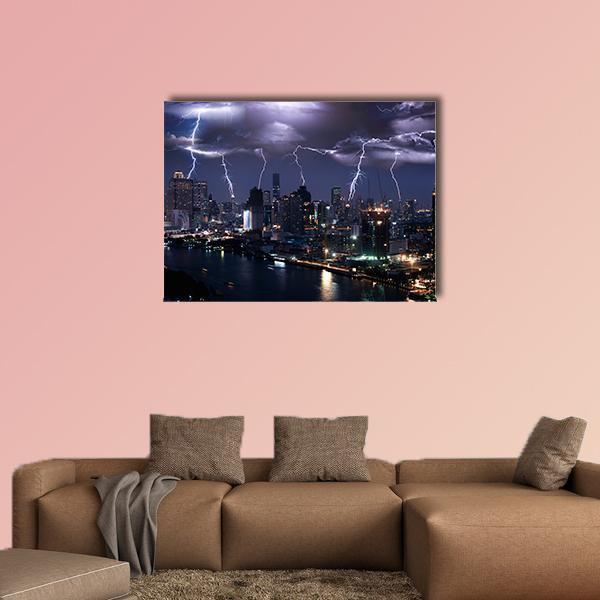 Lightning Over City Skyline Canvas Wall Art in black, blue and purple, single panel hung on a wall