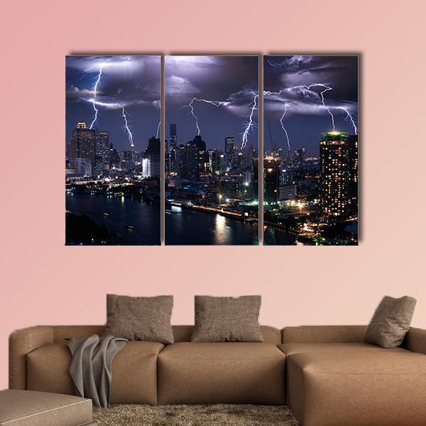 Lightning Over City Canvas Wall Art-3 Horizontal-Gallery Wrap-37" x 24"-Tiaracle