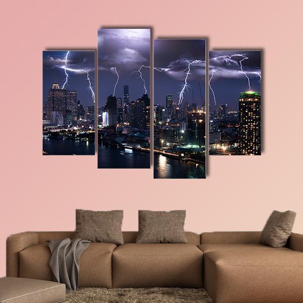 Lightning Over City Canvas Wall Art-4 Pop-Gallery Wrap-50" x 32"-Tiaracle