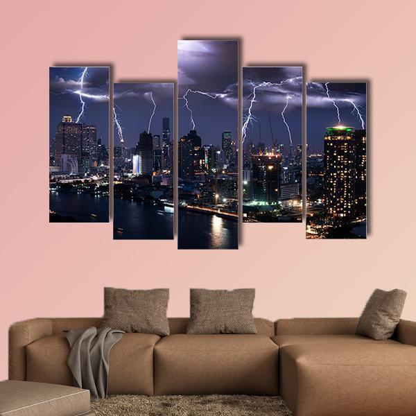 Lightning Over City Canvas Wall Art-5 Pop-Gallery Wrap-47" x 32"-Tiaracle